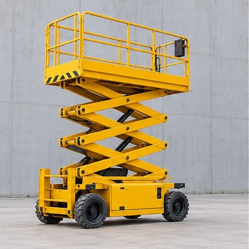 Illustration d’une nacelle ciseaux jaune sur un sol industriel